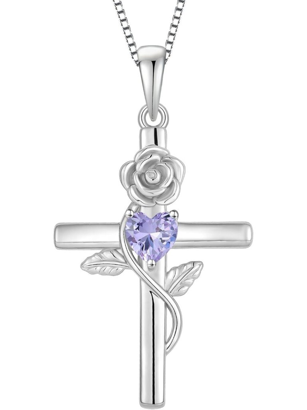 Women’s Light Purple Sterling Silver Crucifix Flower Cross Birthstone Necklace